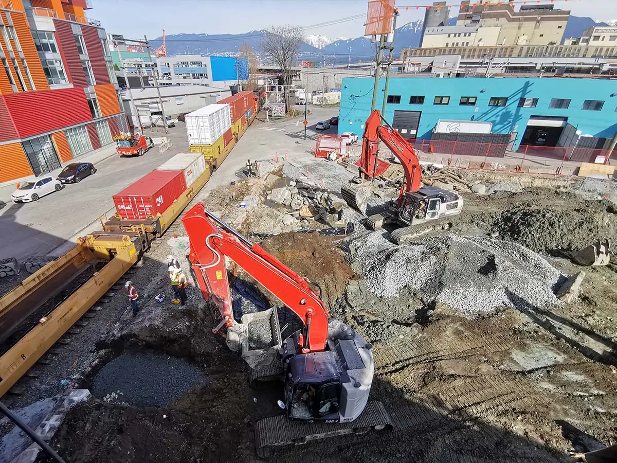 Excavation and stockpiles on an urban commercial site