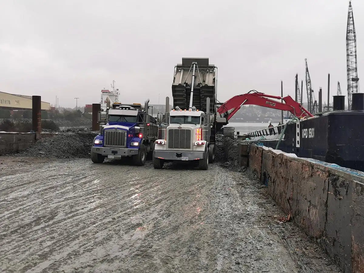 Trucks queued at the dock for unloading