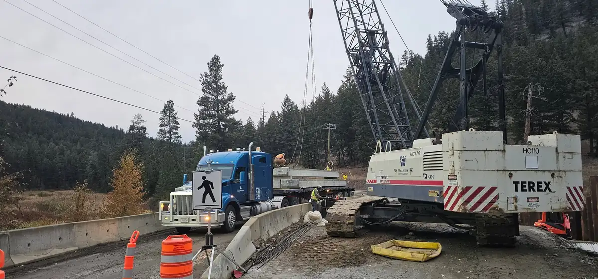 Crawler crane on the road ready to set precast girders