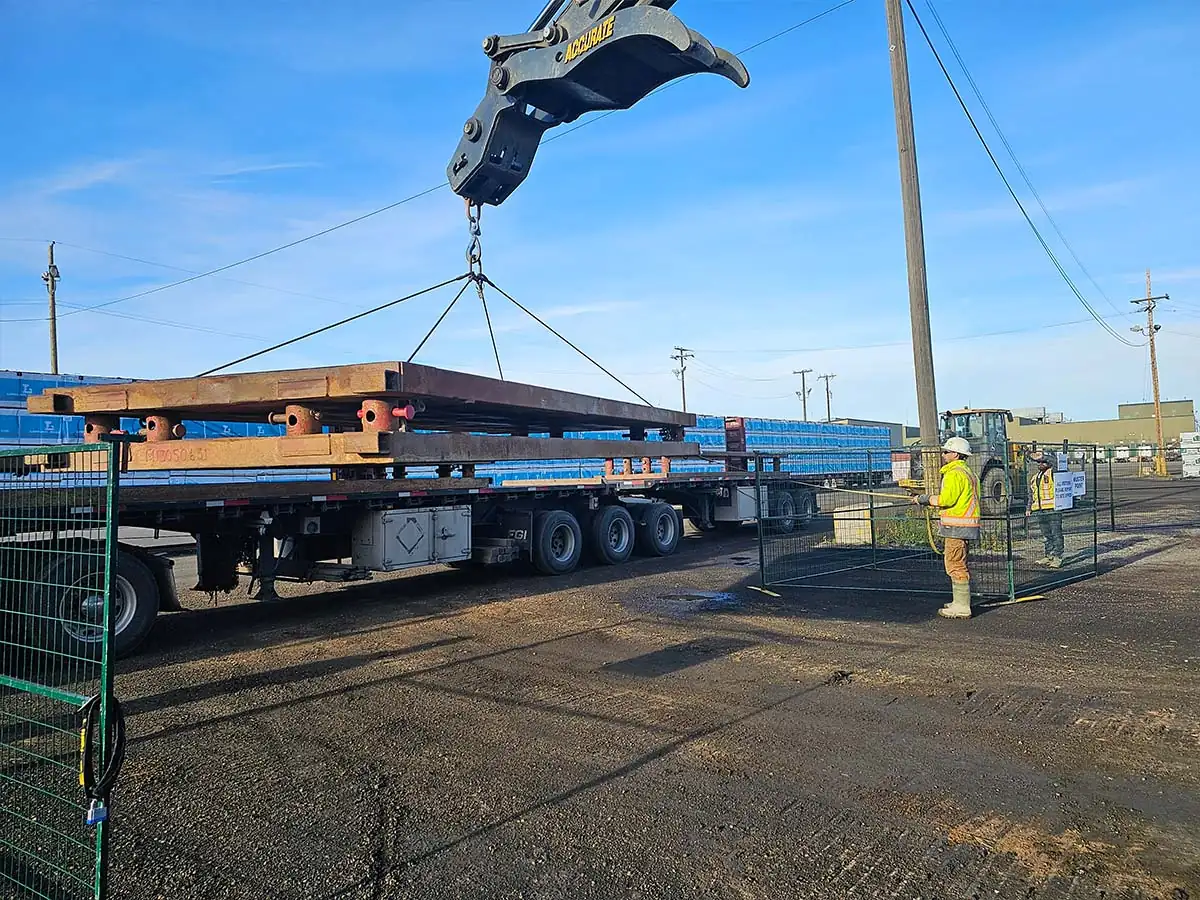 Steel road plates delivered on a flat-deck trailer